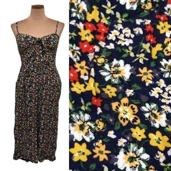 Francesca’s Collection AUW Wide Leg Jumpsuit Size Medium Navy Blue Floral Print - Picture 1 of 12
